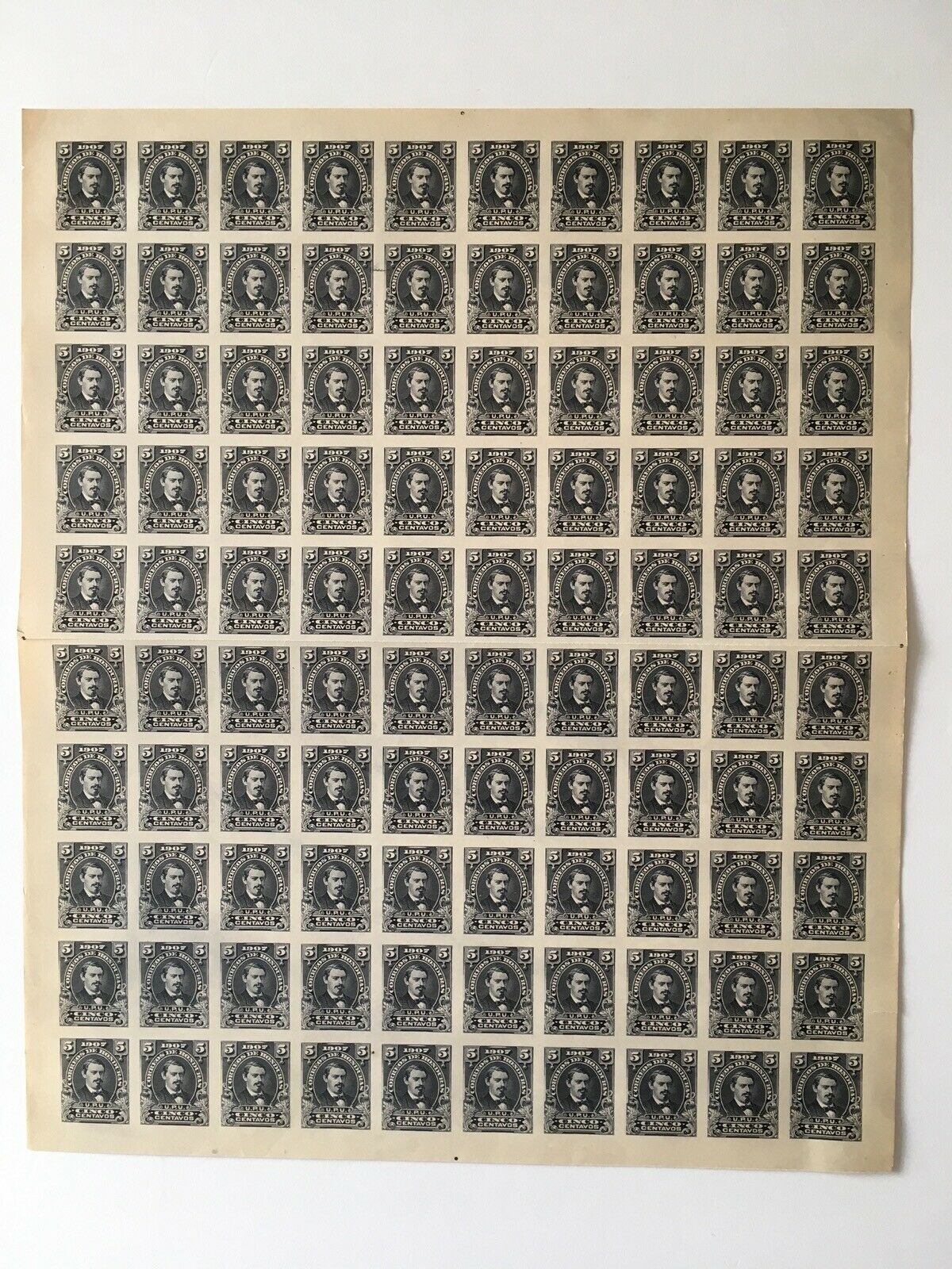 Honduras 1907 5c Black Medina Complete Imperf ‘Proof’ Sheet x 100. Scott 121 var